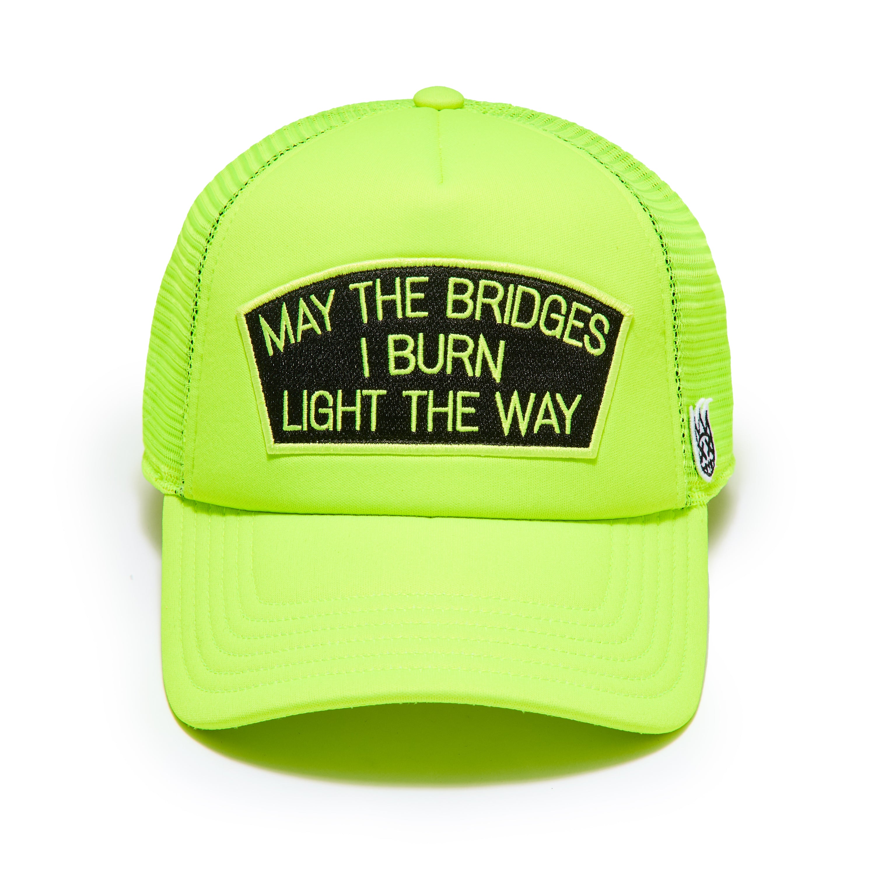 Cult's Mesh Back Trucker Hat In Neon Yellow "May The Bridges I Burn" / Black Patch
