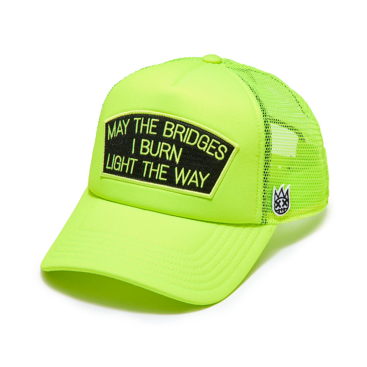 Cult's Mesh Back Trucker Hat In Neon Yellow "May The Bridges I Burn" / Black Patch