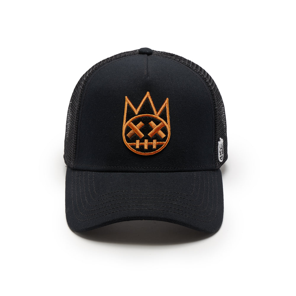 Cult's Clean Shimuchan Brown Logo Mesh Back Trucker Hat in Black