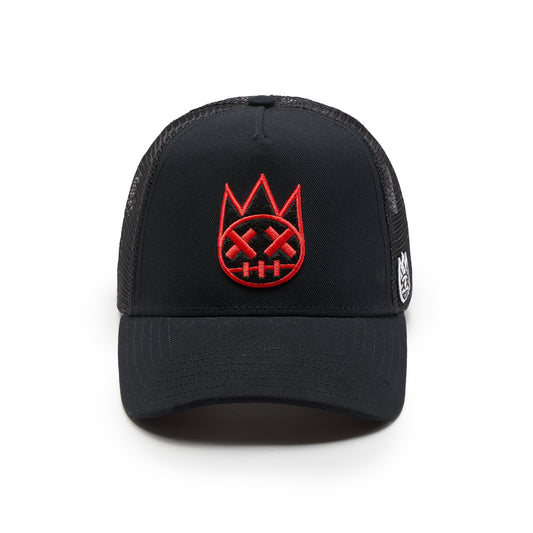 Cult's Clean Shimuchan Red Logo Mesh Back Trucker Hat in Black