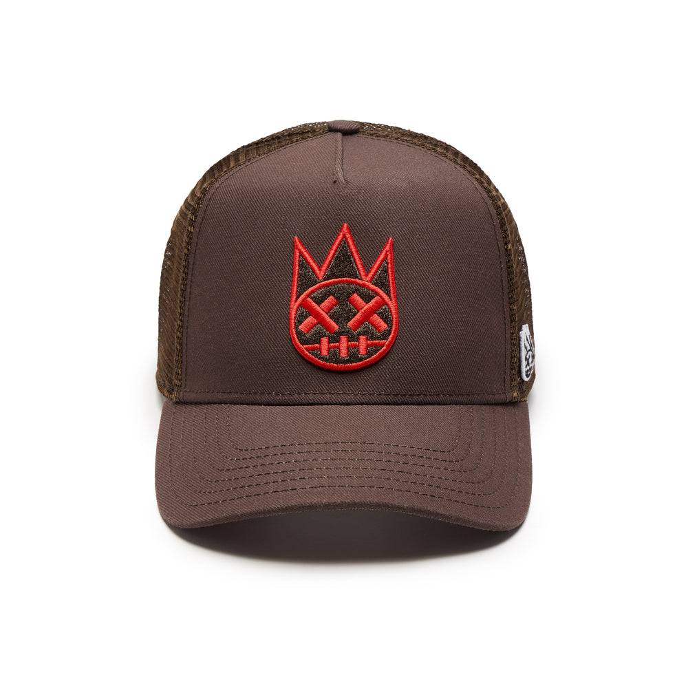 Cult's Clean Shimuchan Red Logo Mesh Back Trucker Hat in Brown