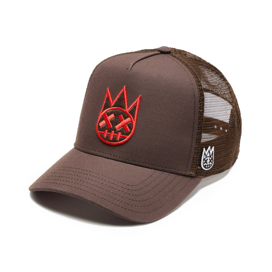 Cult's Clean Shimuchan Red Logo Mesh Back Trucker Hat in Brown