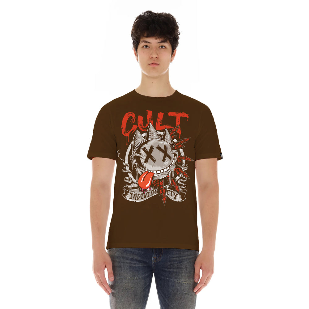 Cult's Short Sleeve Crew Neck Tee "Zany Face" in Brown