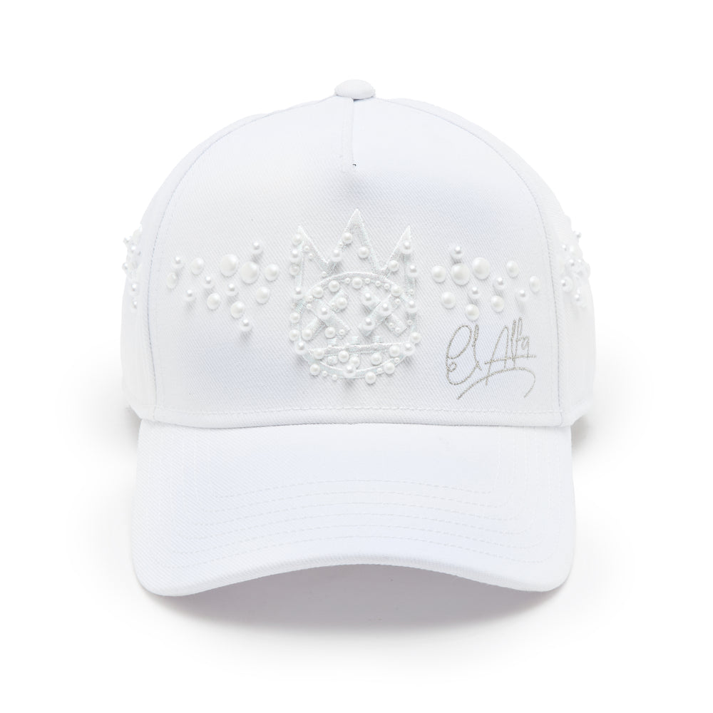 Cult x El Alfa Premium 5 Panel A Frame Trucker Hat with Pearls in White