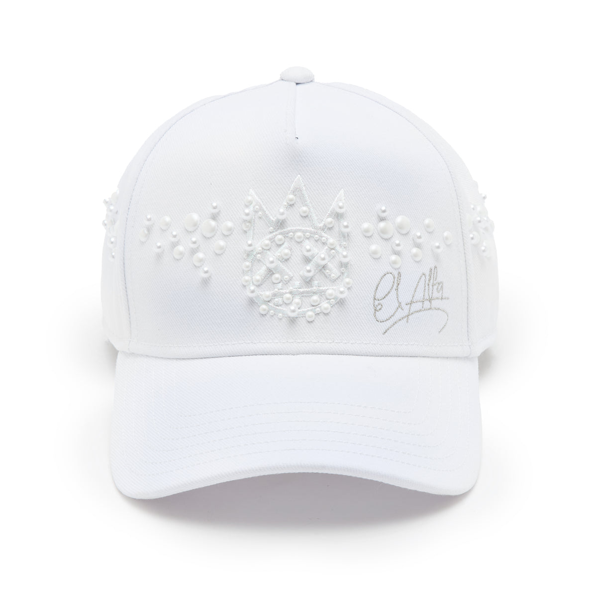 Cult x El Alfa Premium 5 Panel A Frame Trucker Hat with Pearls in White