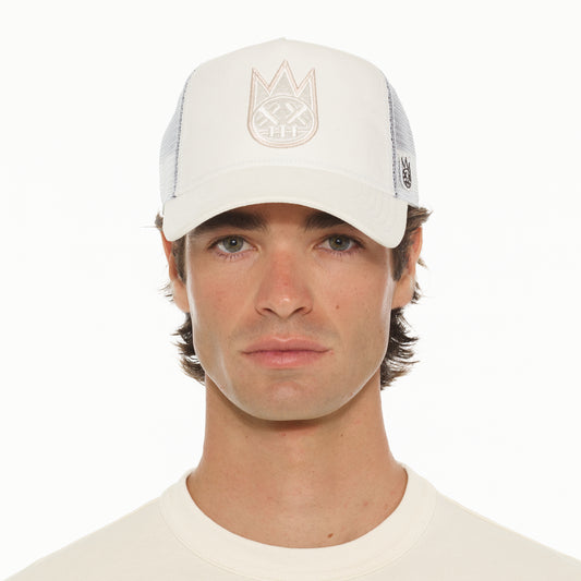 Cult's Clean Logo Mesh Back Trucker Hat in Winter White