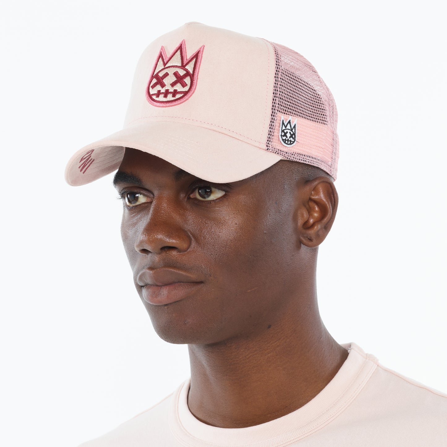 Cult's Clean Logo Mesh Back Trucker Hat in Powder Pink