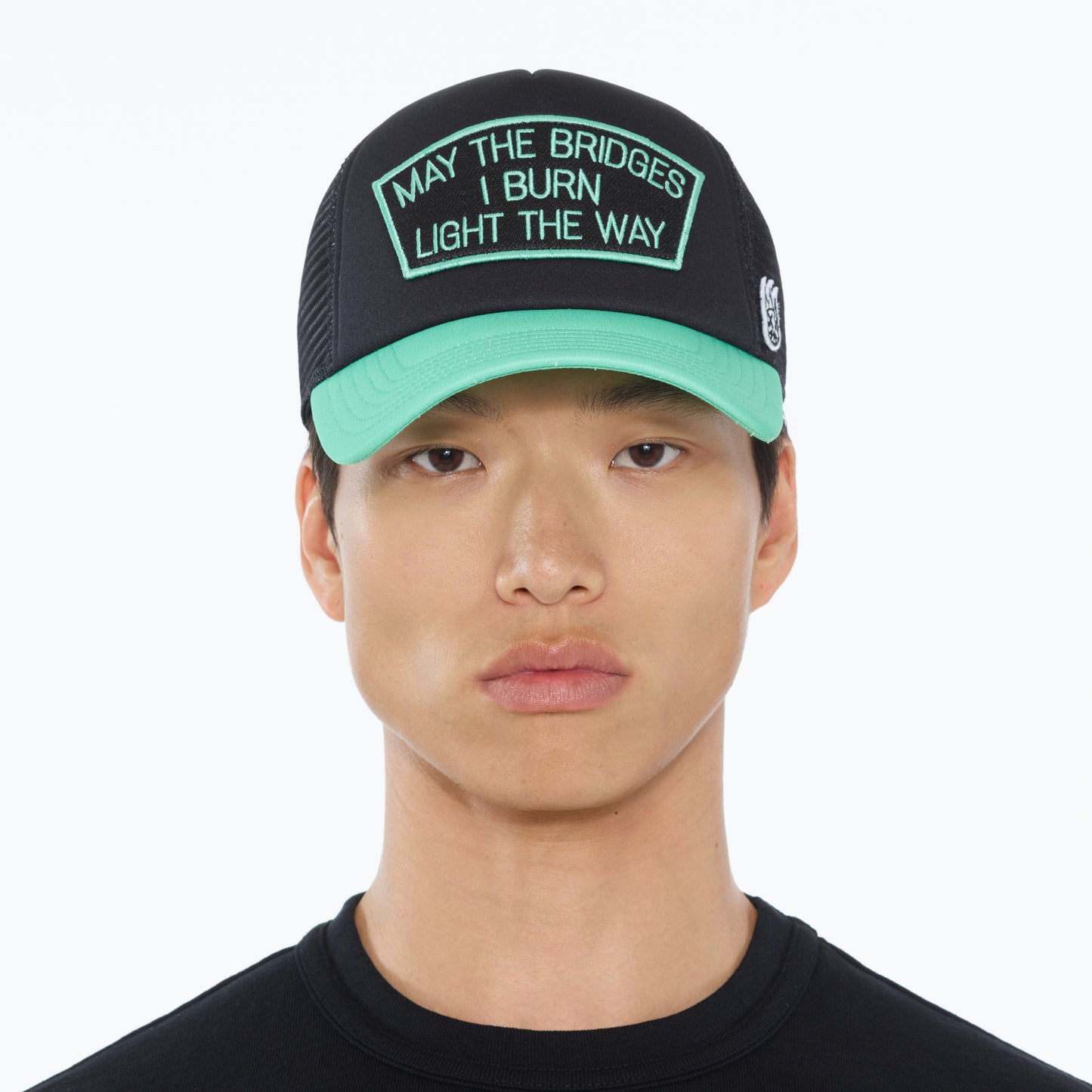 Cult's "May The Bridges I Burn" Mesh Back Trucker Hat in Black