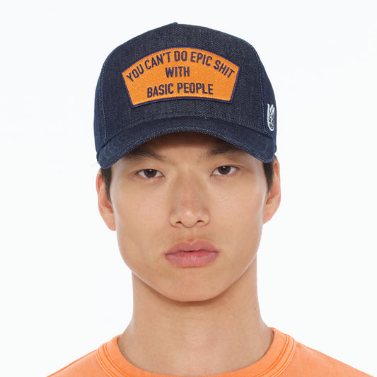 Cult's Epic Shit Denim Trucker Hat in Blue Denim