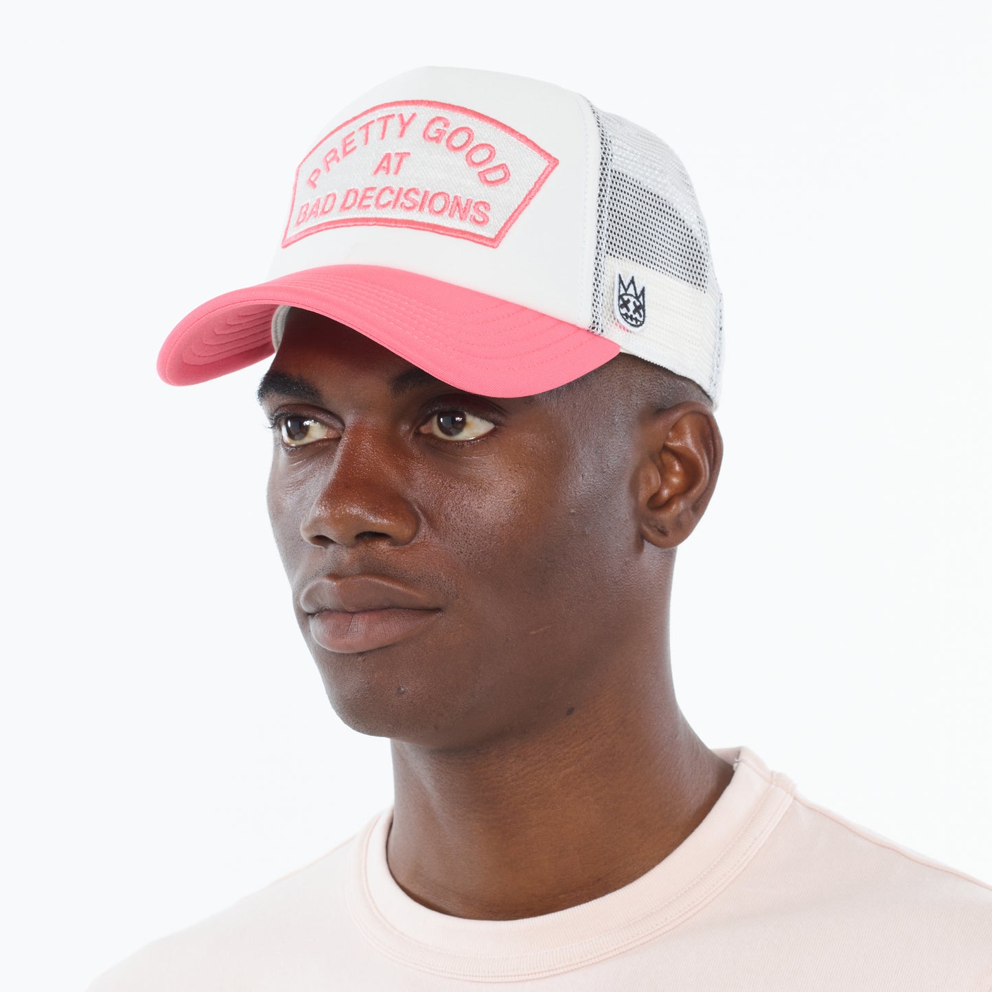 Cult's "Good At Bad Decisions" Mesh Back Trucker Hat in Winter White