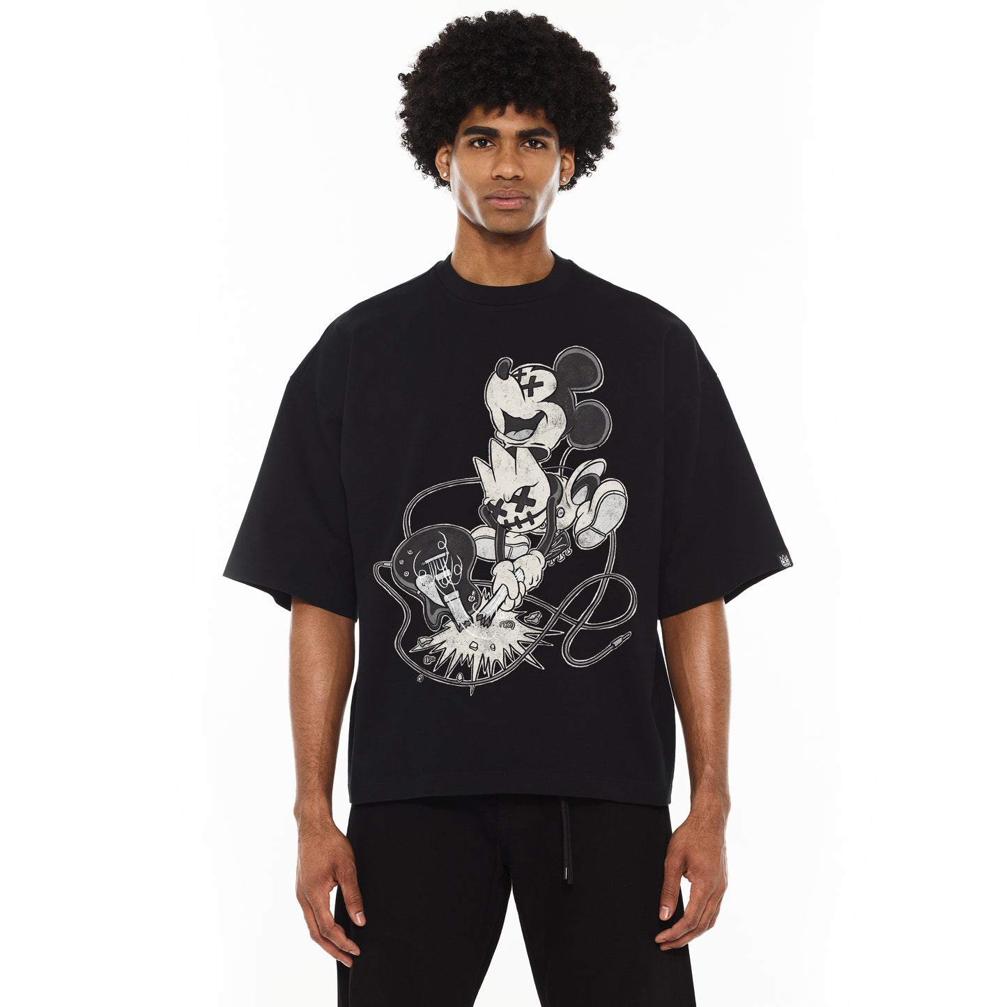 Cult's Oversized Heavyweight Boxy Short Sleeve Crew Neck Tee "No Music No Life" in Black