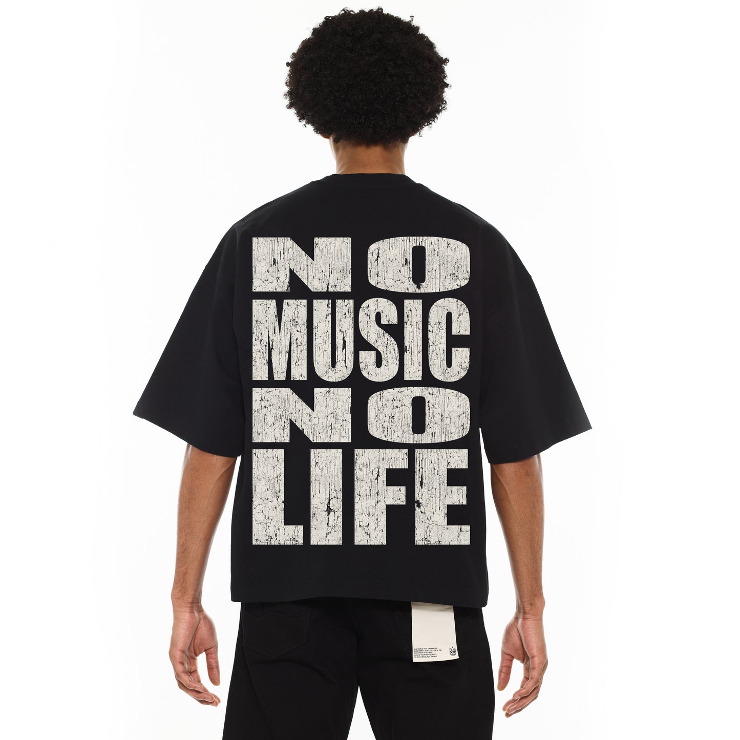 Cult's Oversized Heavyweight Boxy Short Sleeve Crew Neck Tee "No Music No Life" in Black