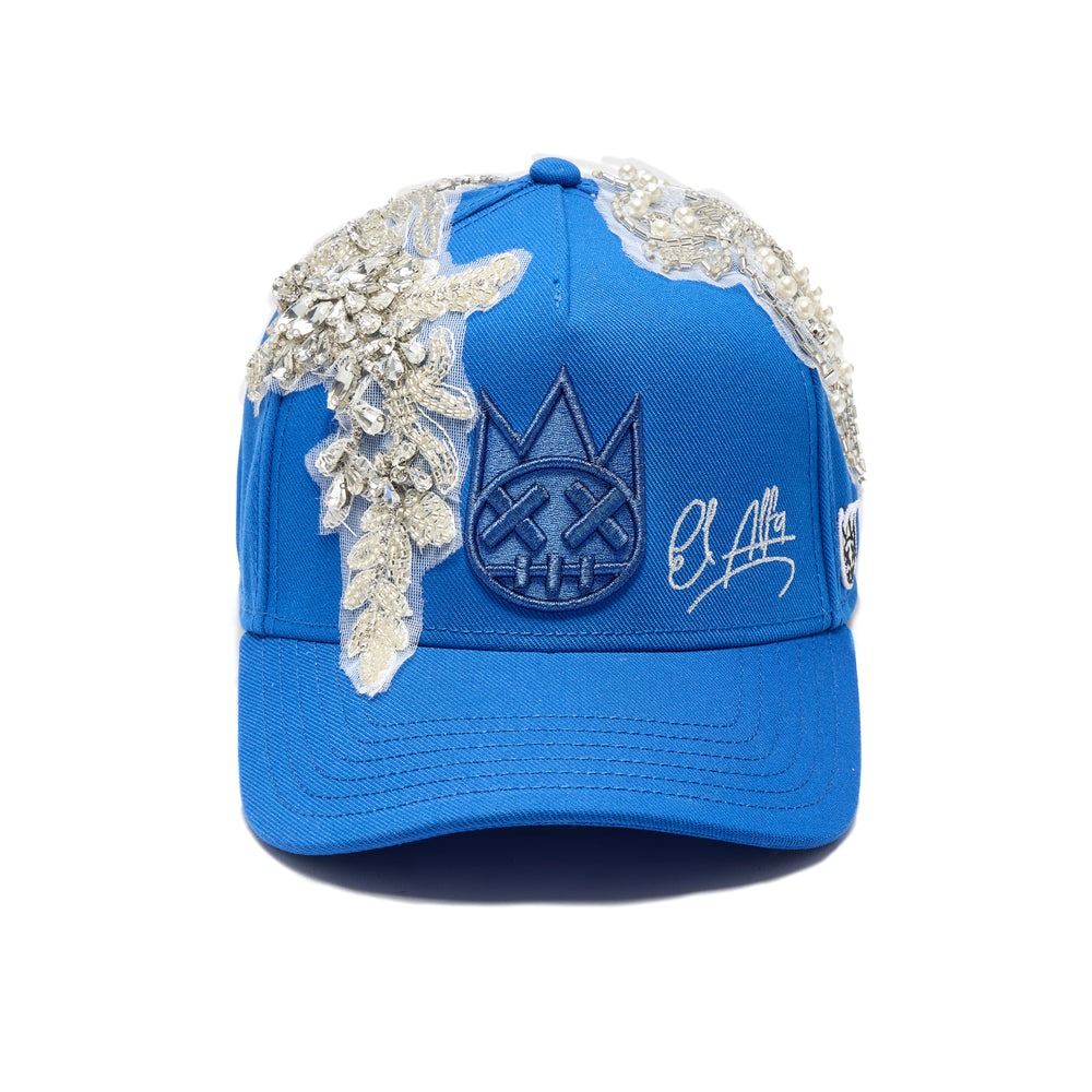 Cult X El Alfa Lurex Emb Logo 5 Panel A Frame Trucker Hat in Blue