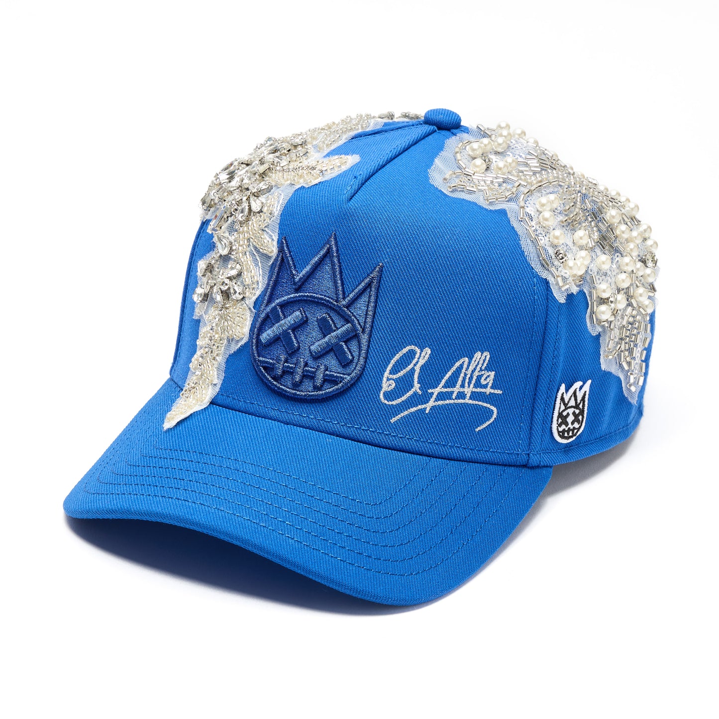 Cult X El Alfa Lurex Emb Logo 5 Panel A Frame Trucker Hat in Blue