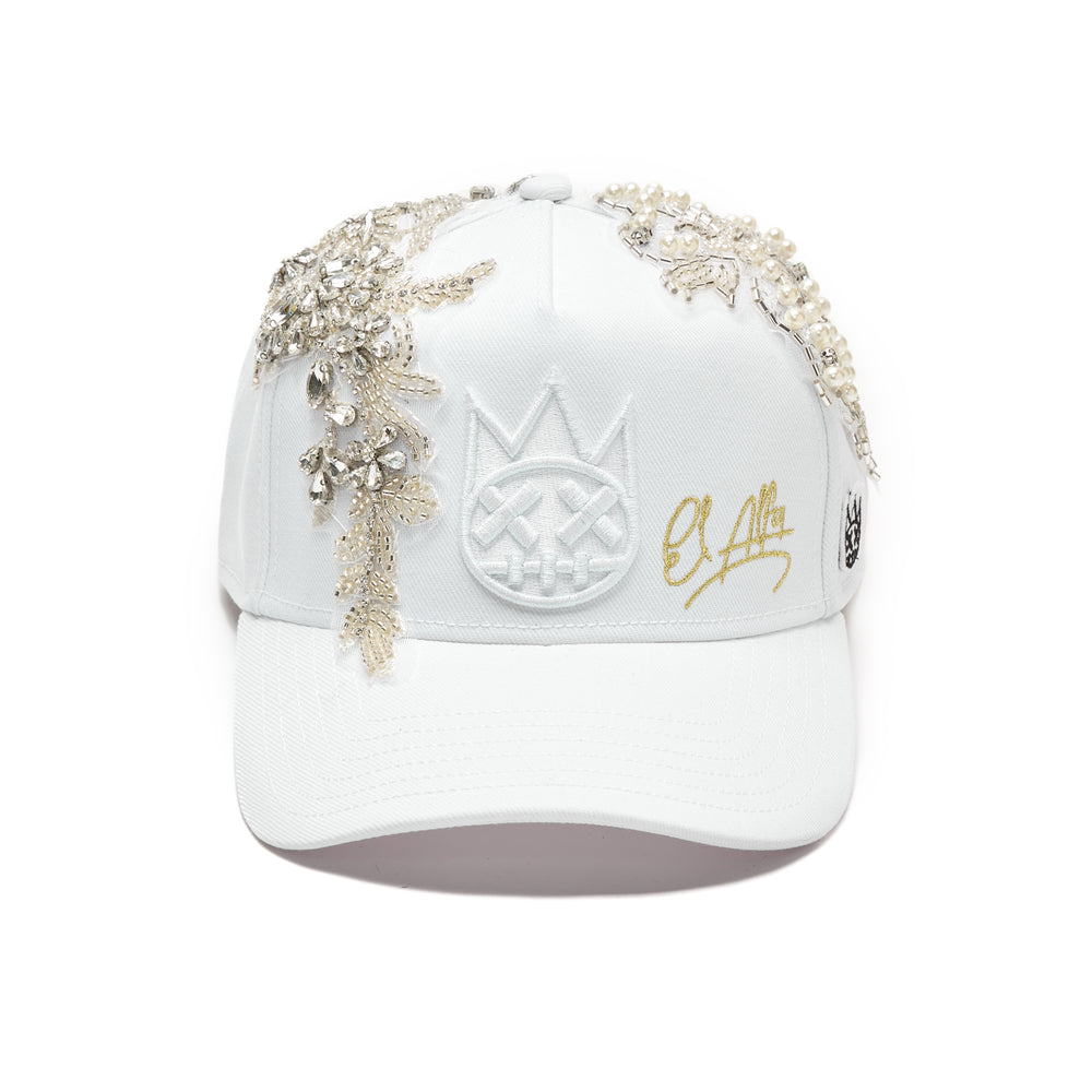 Cult X El Alfa Lurex Emb Logo 5 Panel A Frame Trucker Hat in White