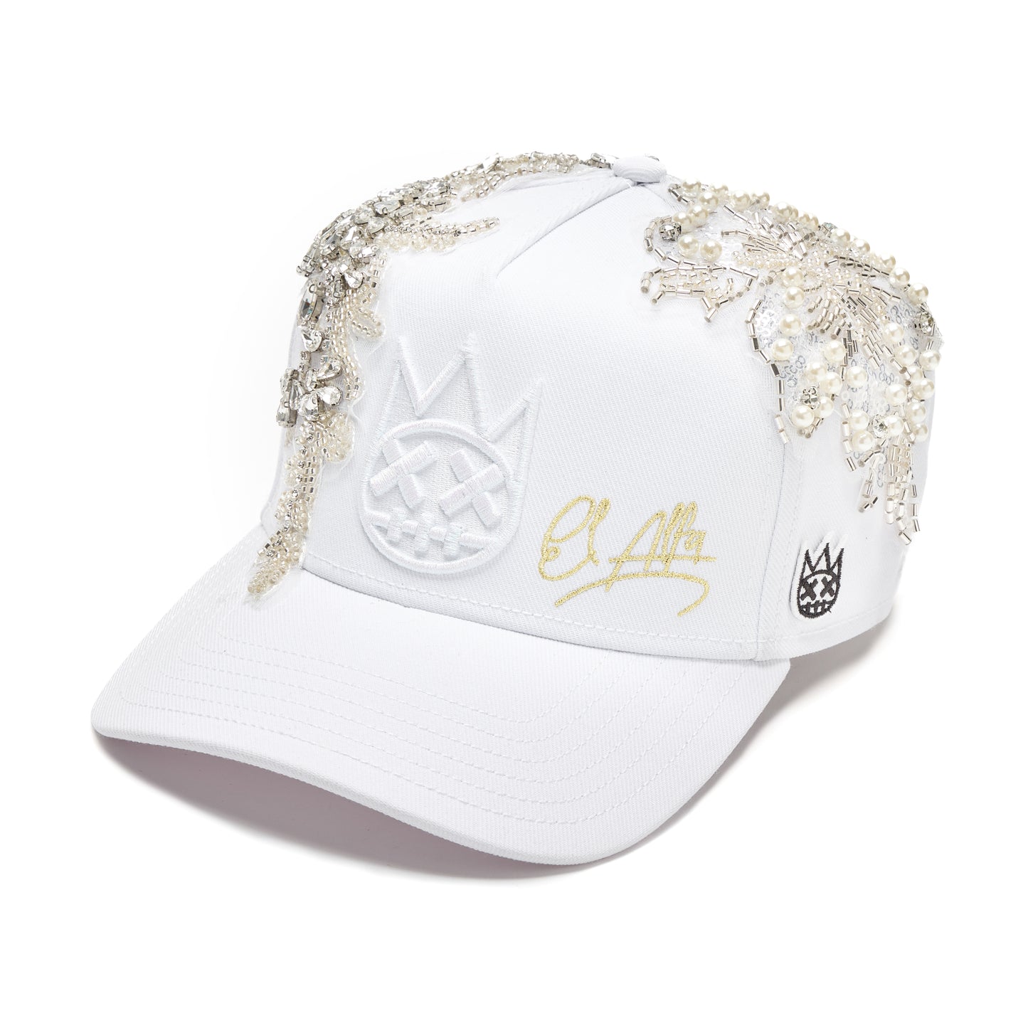 Cult X El Alfa Lurex Emb Logo 5 Panel A Frame Trucker Hat in White