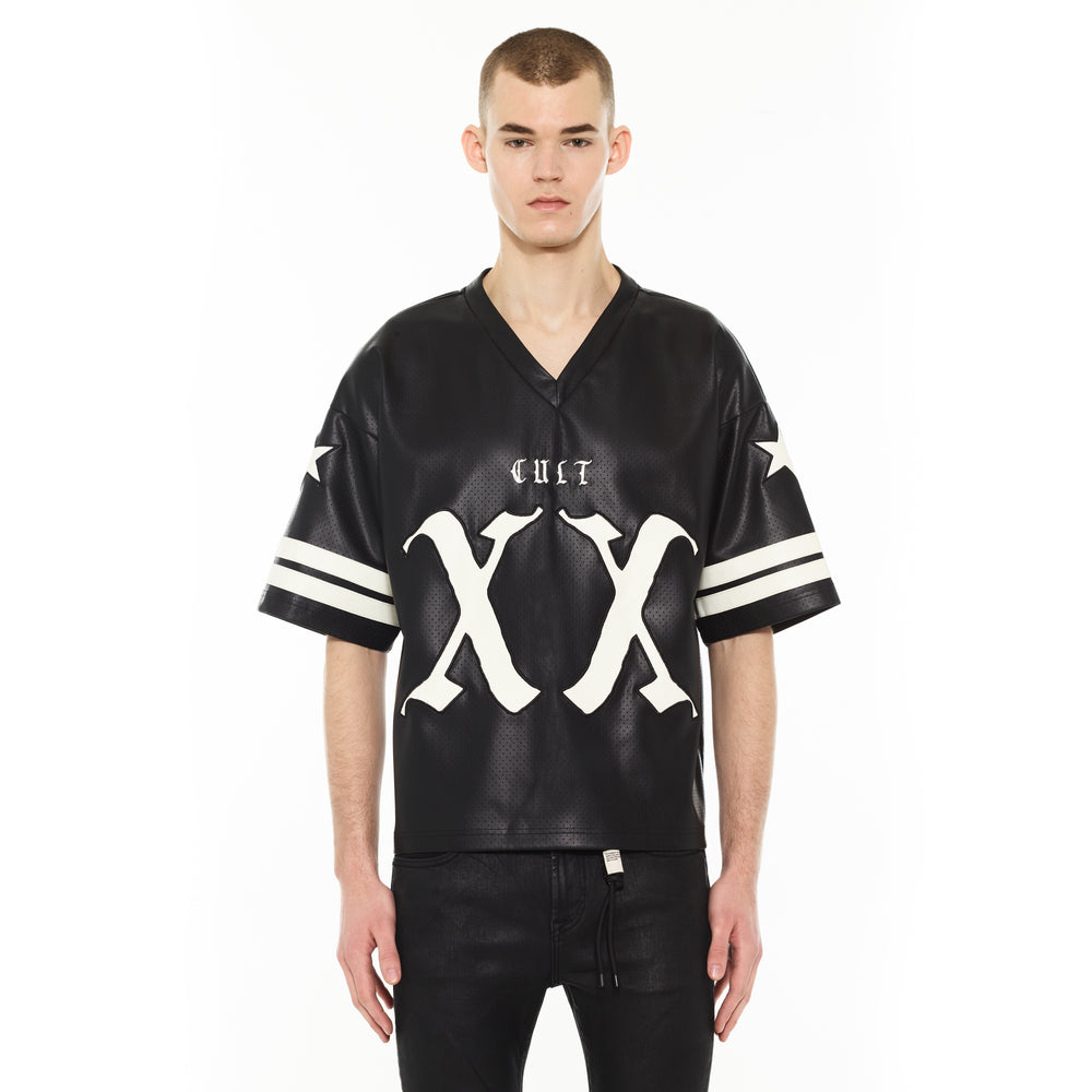 Cult's Leather Football Jersey in Black Faux Leather