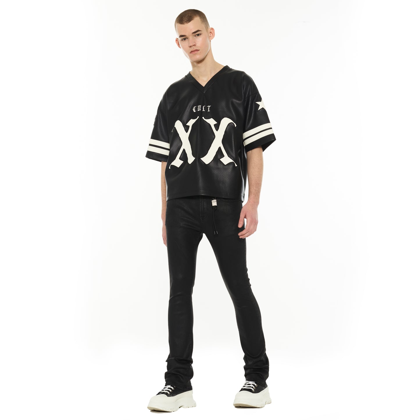 Cult's Leather Football Jersey in Black Faux Leather