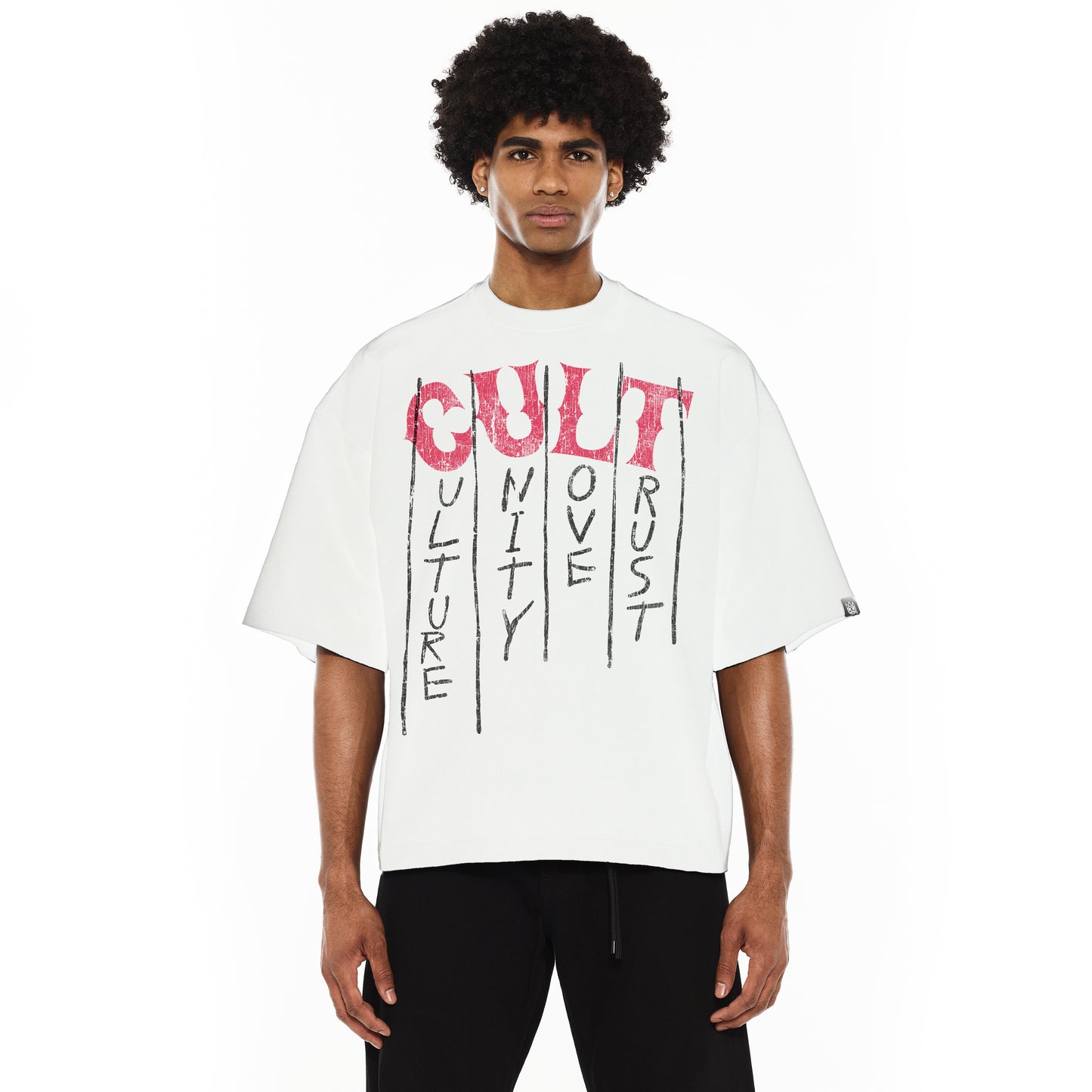 Cult's Oversized Heavyweight Boxy Short Sleeve Crew Neck Tee "C.U.L.T." in White