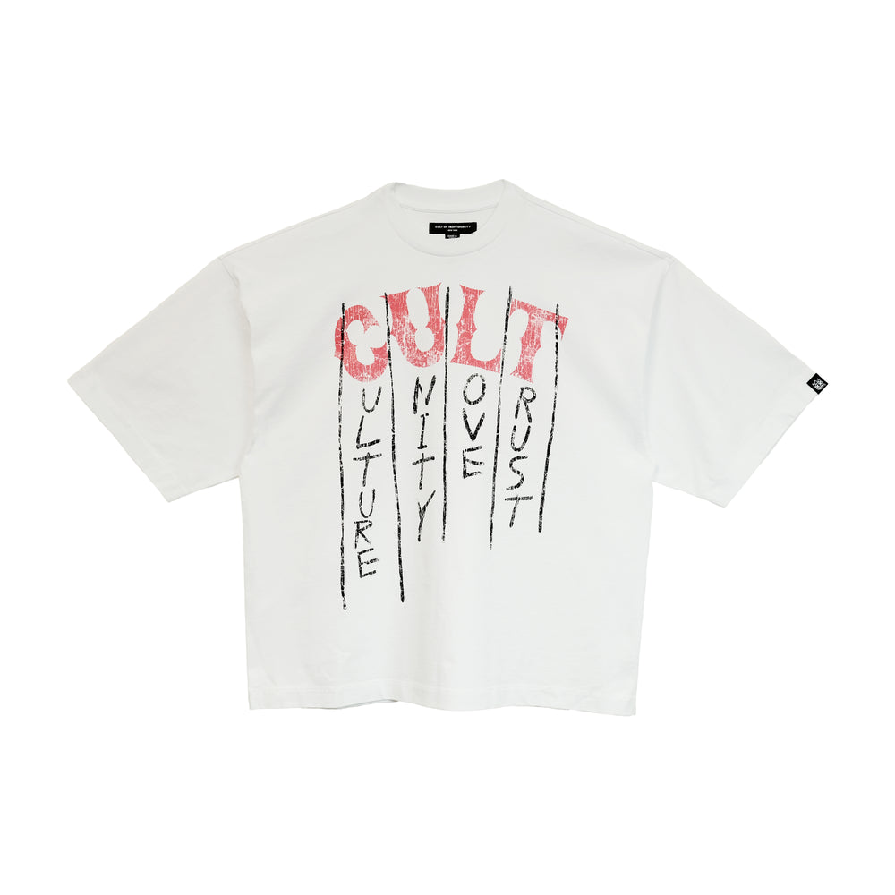 Cult's Oversized Heavyweight Boxy Short Sleeve Crew Neck Tee "C.U.L.T." in White