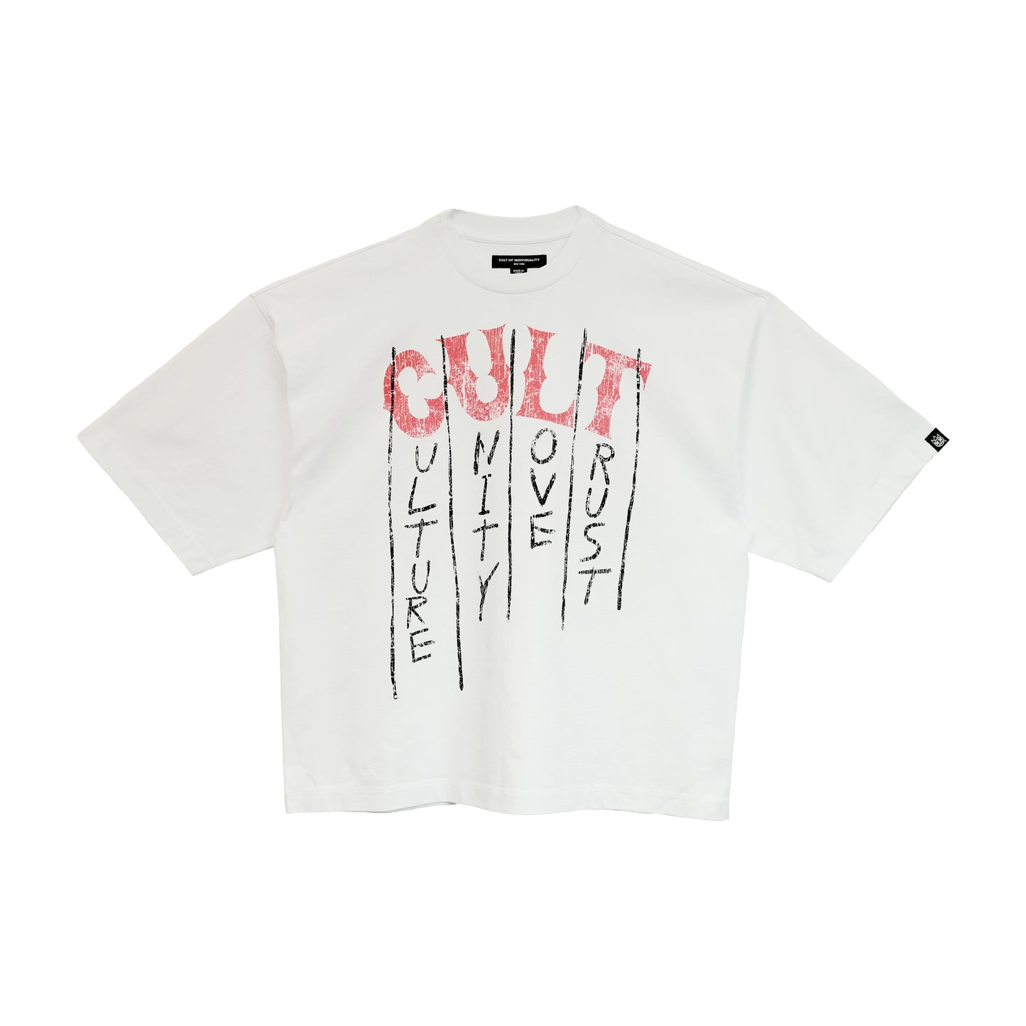 Cult's Oversized Heavyweight Boxy Short Sleeve Crew Neck Tee "C.U.L.T." in White