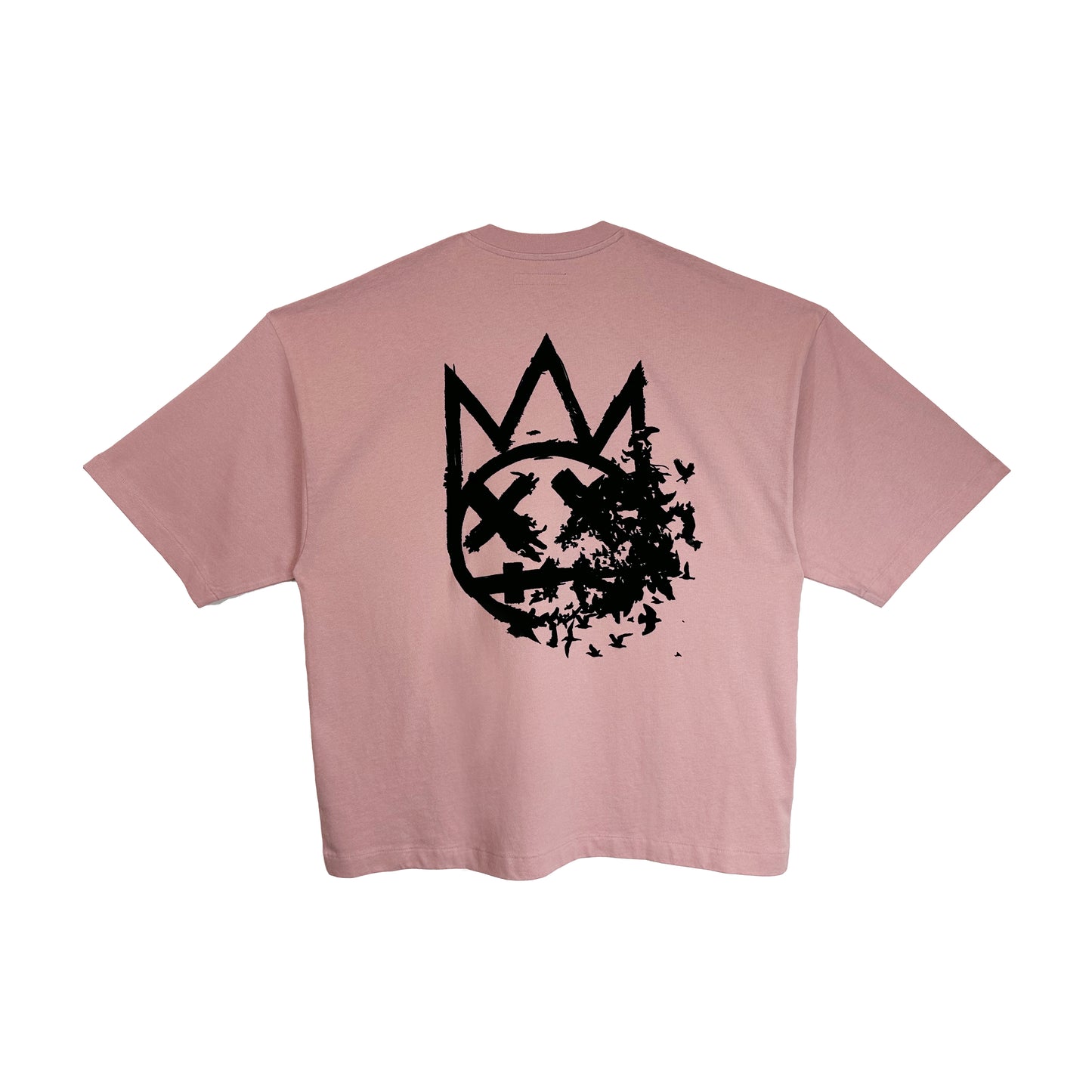 Cult's Oversized Heavyweight Boxy Short Sleeve Crew Neck Tee "Flocking Birds" in Silver Pink