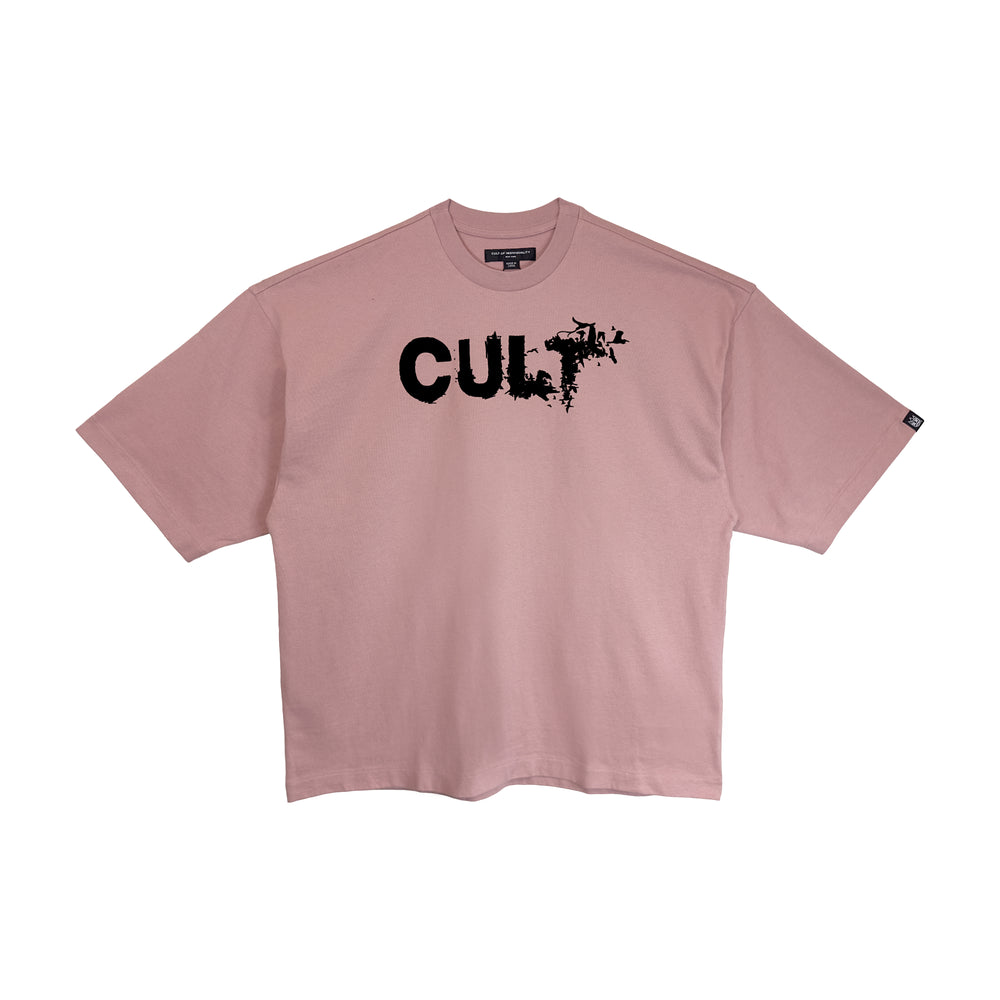 Cult's Oversized Heavyweight Boxy Short Sleeve Crew Neck Tee "Flocking Birds" in Silver Pink