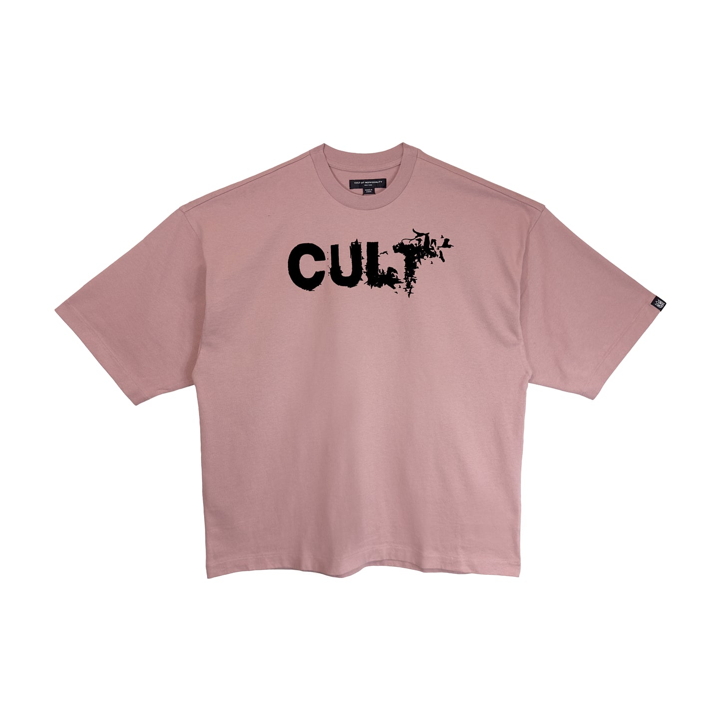 Cult's Oversized Heavyweight Boxy Short Sleeve Crew Neck Tee "Flocking Birds" in Silver Pink