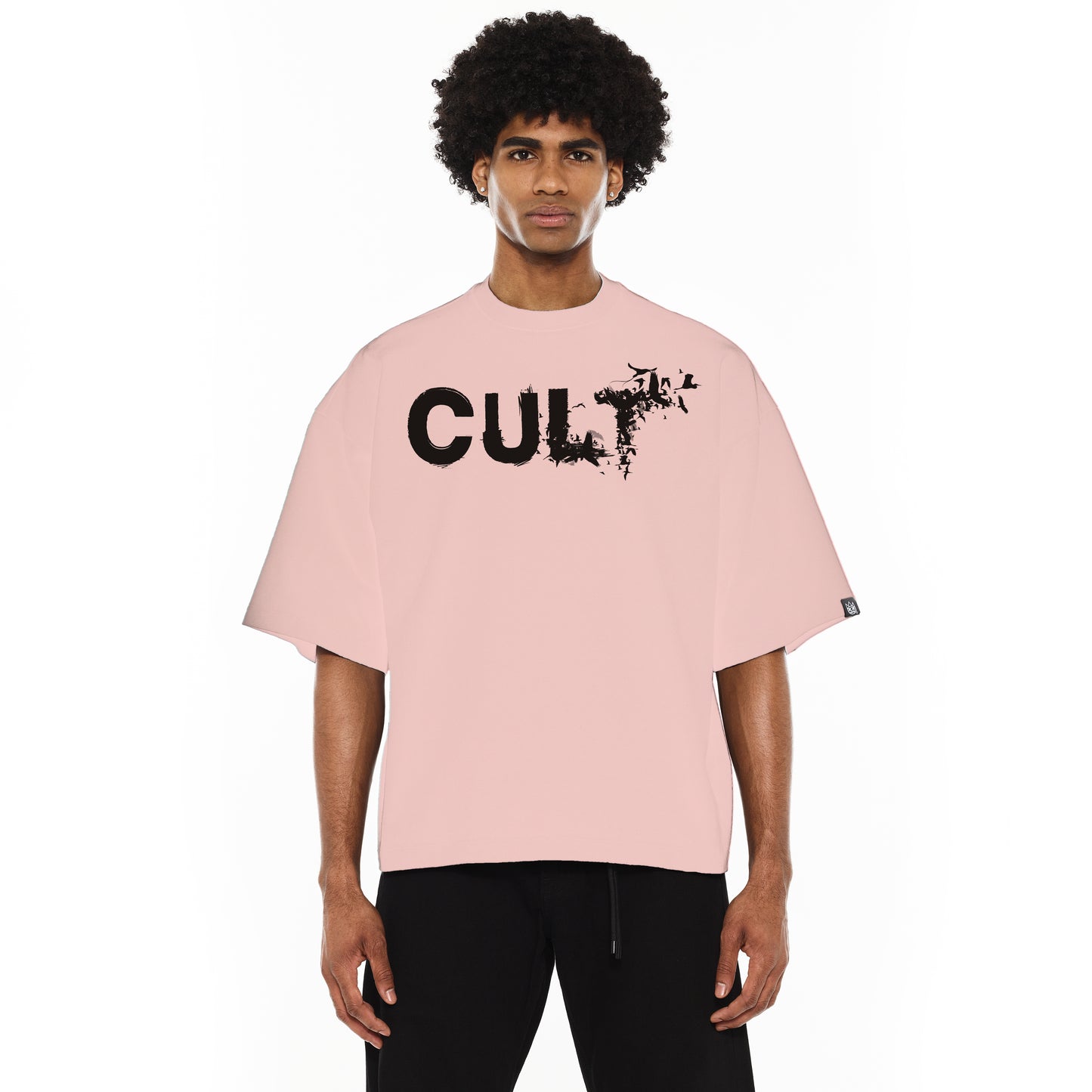 Cult's Oversized Heavyweight Boxy Short Sleeve Crew Neck Tee "Flocking Birds" in Silver Pink