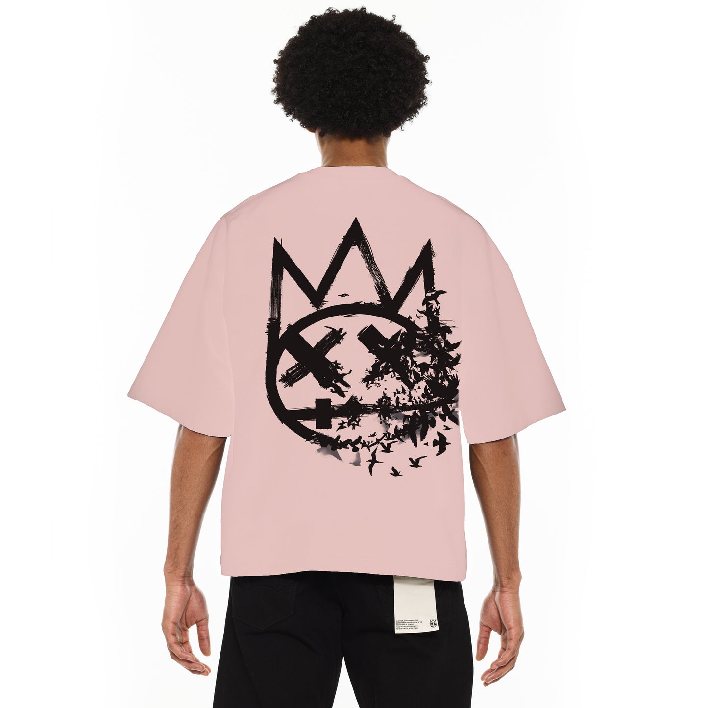 Cult's Oversized Heavyweight Boxy Short Sleeve Crew Neck Tee "Flocking Birds" in Silver Pink