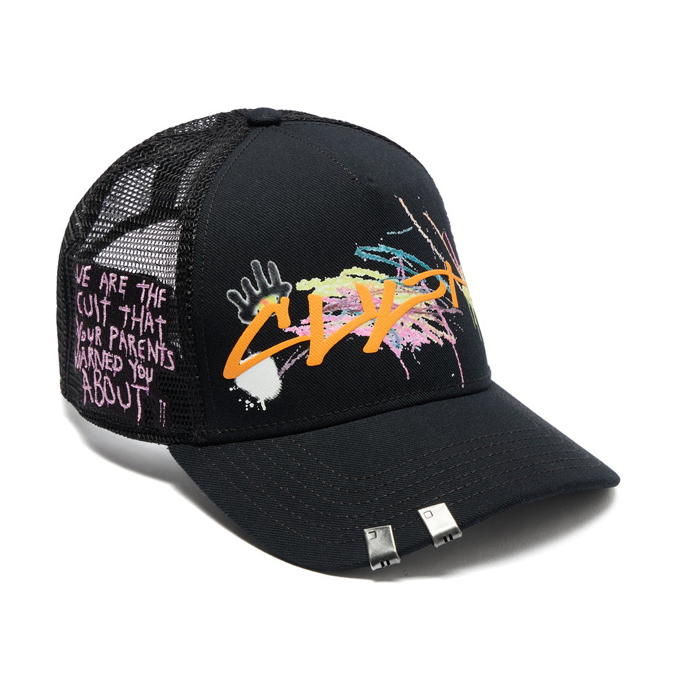 Cult's Logo Mesh Back Trucker Hat "Cult Graffiti" in Black