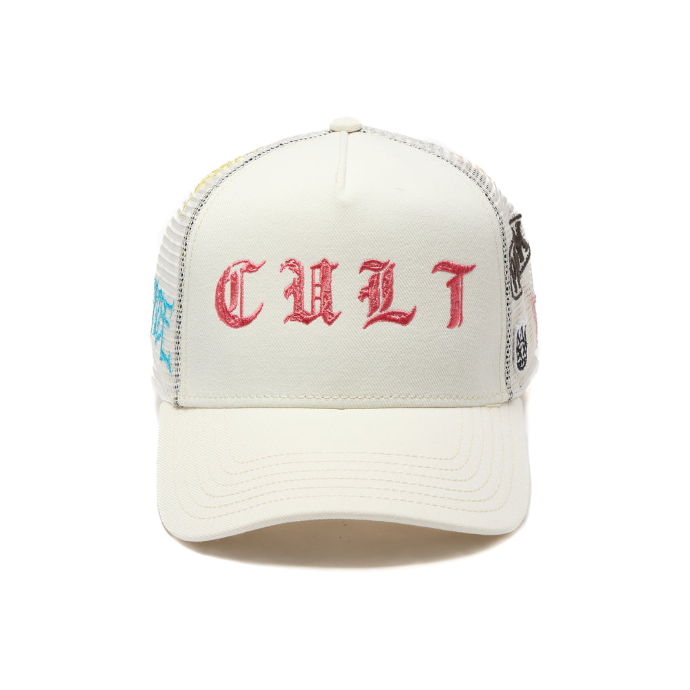 Cult's Logo Mesh Back Trucker Hat "Cult Community" in Winter White