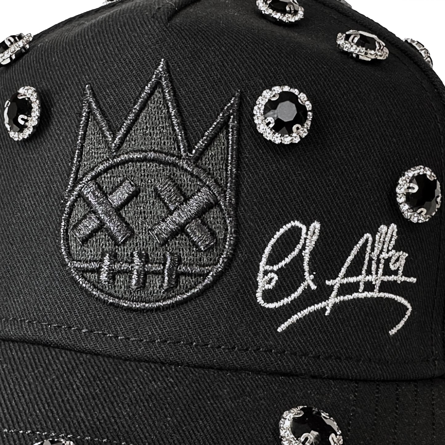 Cult x El Alfa Logo Crystal 5 Panel A Frame Trucker Hat in Black