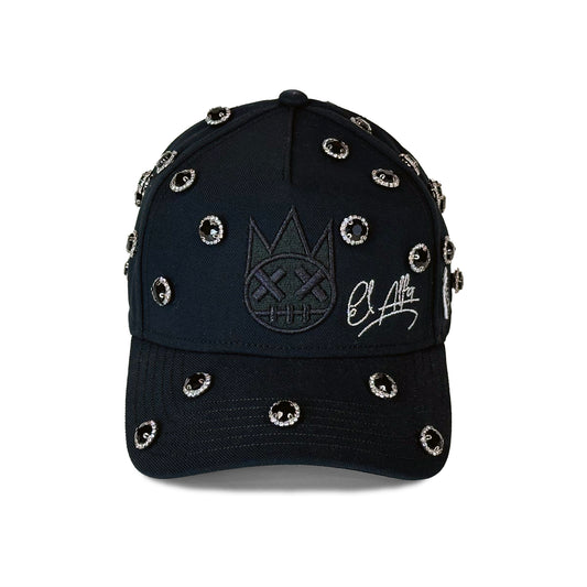 Cult x El Alfa Logo Crystal 5 Panel A Frame Trucker Hat in Black