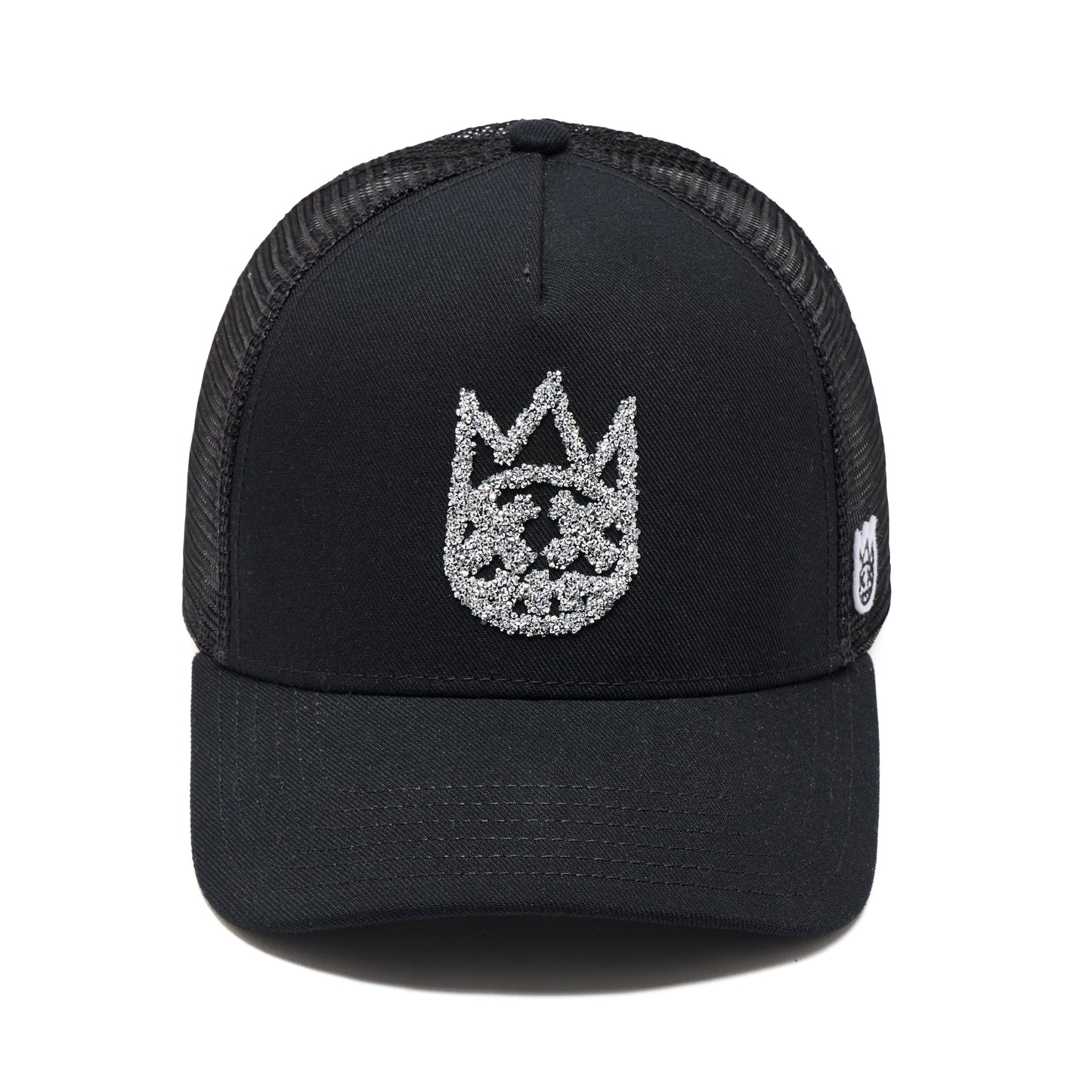 Cult's Silver White Crystal Logo Mesh Back Trucker Hat in Black