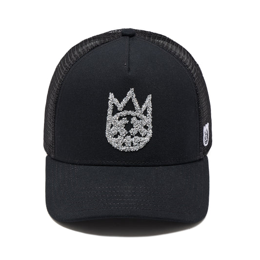 Cult's Silver White Crystal Logo Mesh Back Trucker Hat in Black