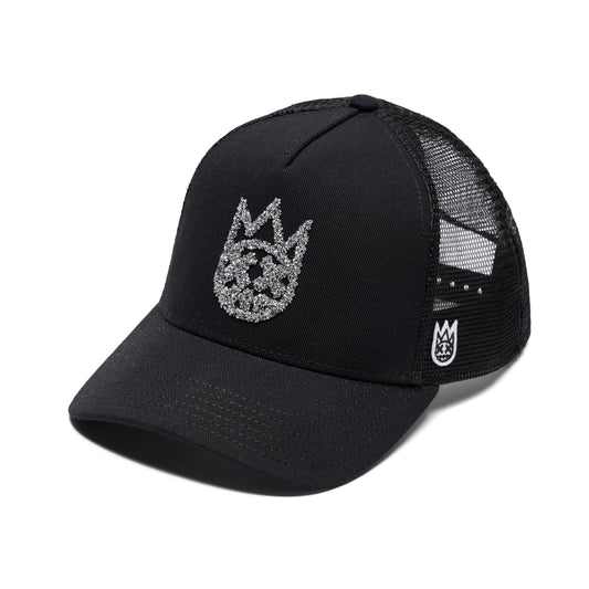 Cult's Silver White Crystal Logo Mesh Back Trucker Hat in Black