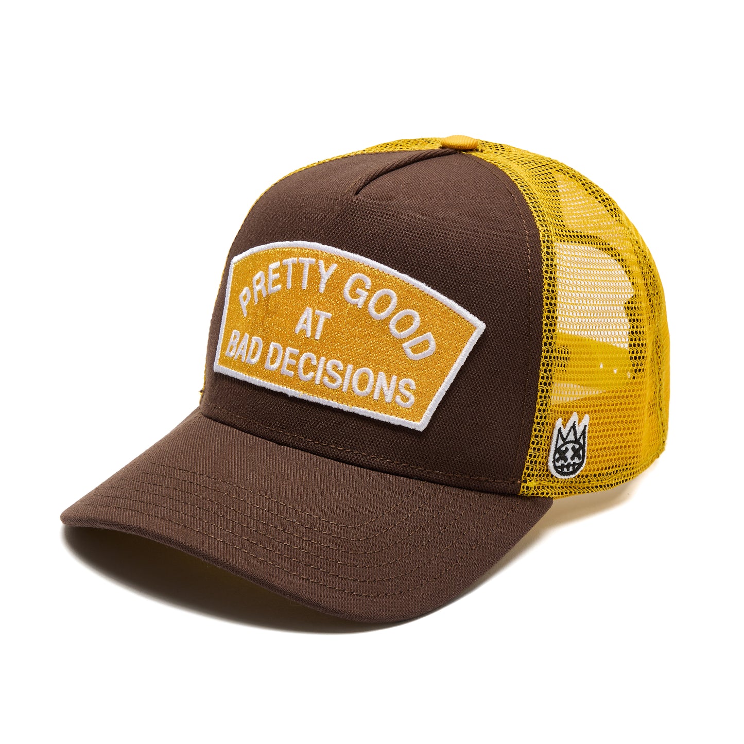 Cult's Logo Mesh Back Trucker Hat "Good At Bad Decisions" in Chocolate