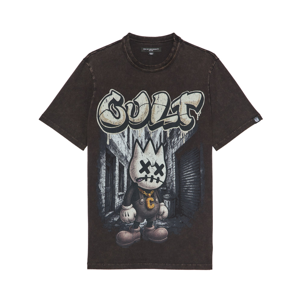 Cult's Short Sleeve Crew Neck Tee "Money Is The Motive" in Vintage Charcoal