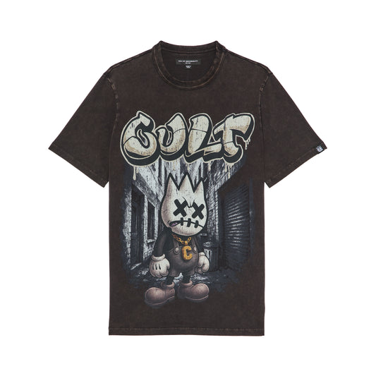 Cult's Short Sleeve Crew Neck Tee "Money Is The Motive" in Vintage Charcoal