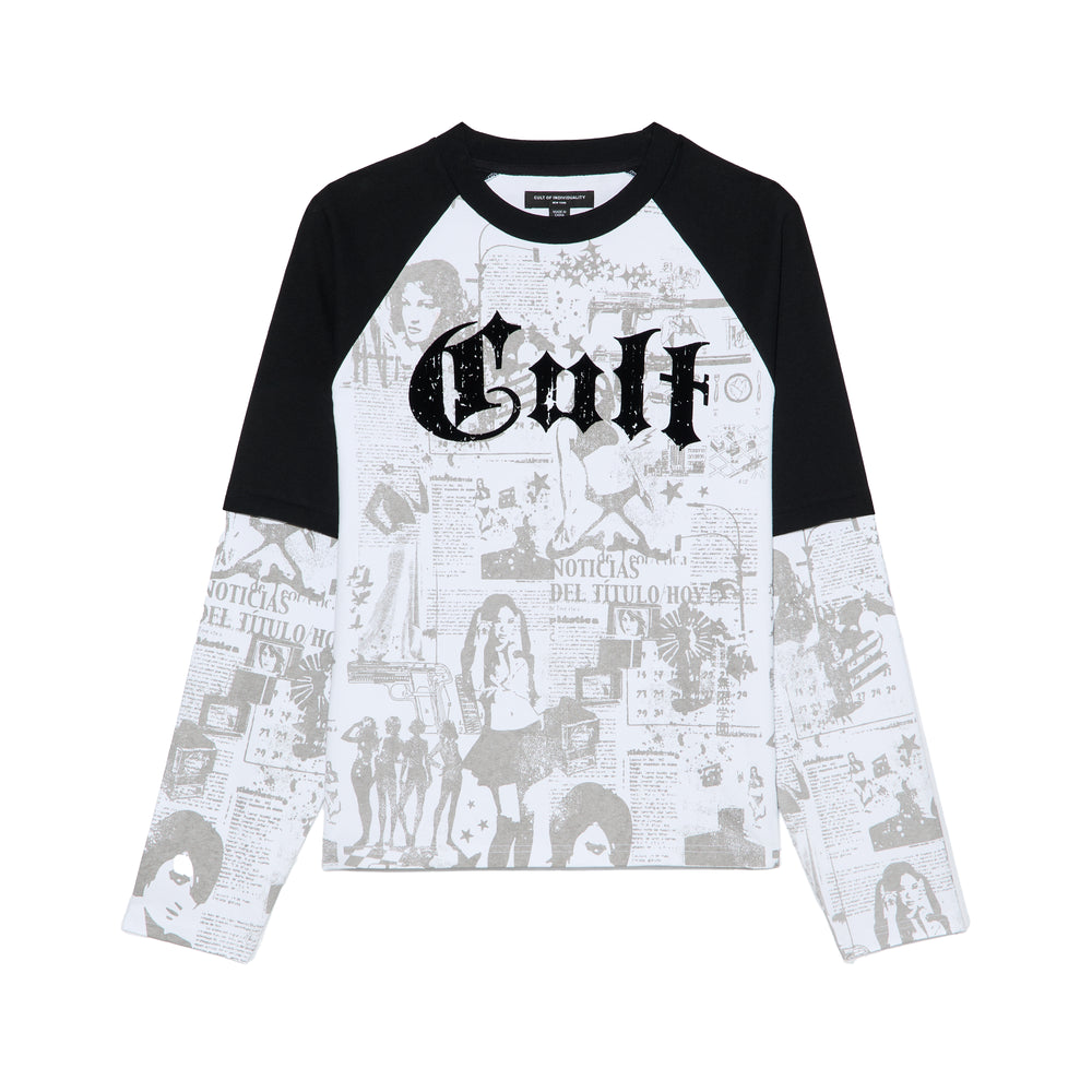 Cult's Long Sleeve Layered Raglan Tee "Propaganda" in White