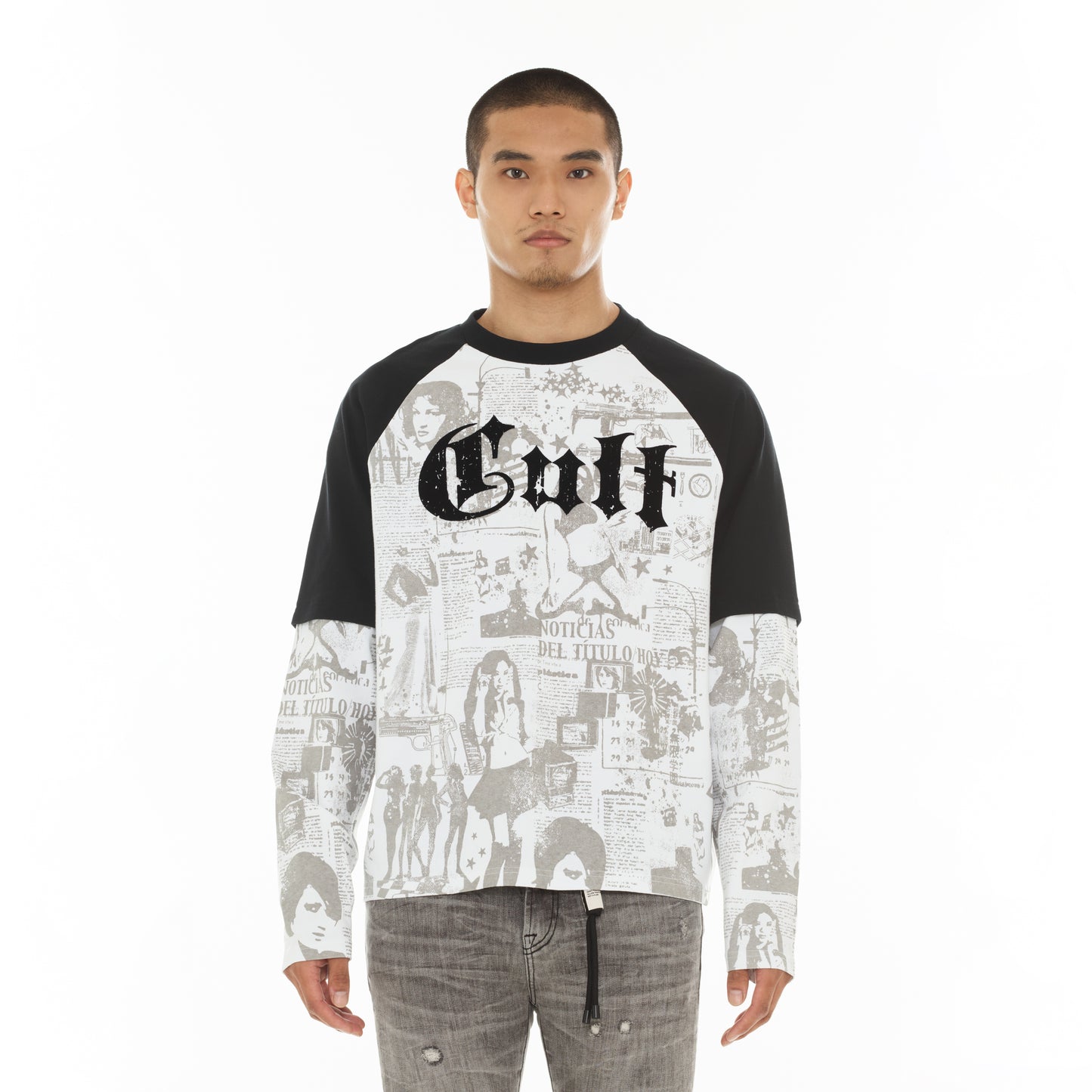 Cult's Long Sleeve Layered Raglan Tee "Propaganda" in White