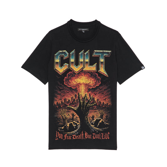 Cult's Short Sleeve Crew Neck Tee "You Fear Death, But Don’t Live" in Black
