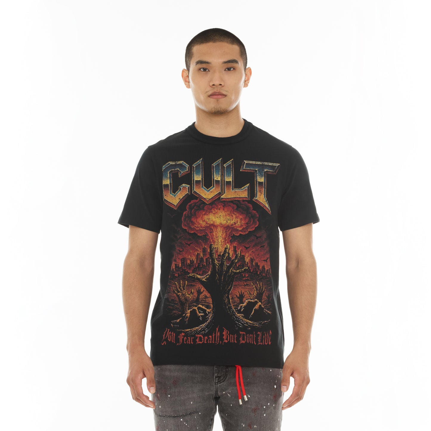 Cult's Short Sleeve Crew Neck Tee "You Fear Death, But Don’t Live" in Black