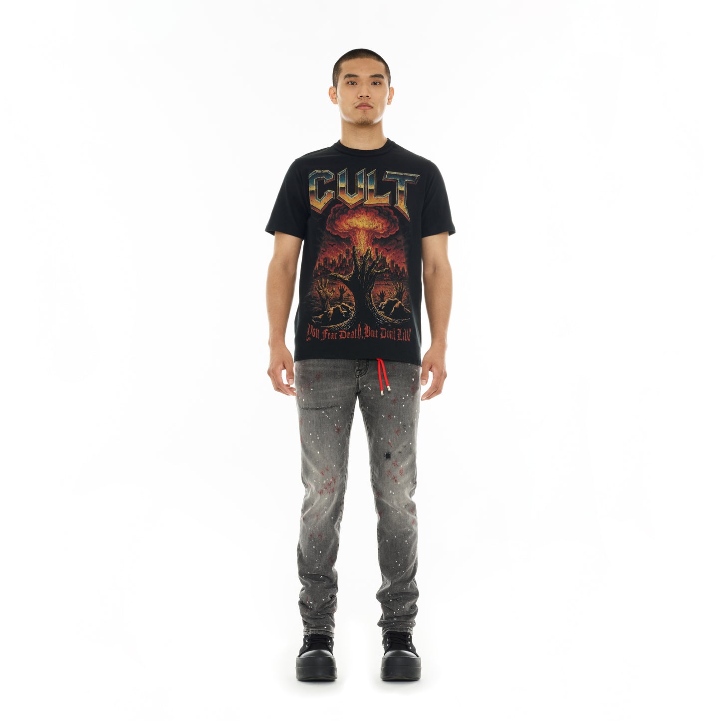 Cult's Short Sleeve Crew Neck Tee "You Fear Death, But Don’t Live" in Black