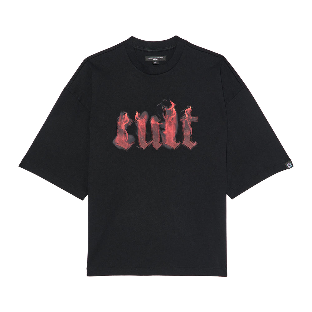 Cult's Oversized Short Sleeve Crew Neck Tee "Flame Logo" in Black