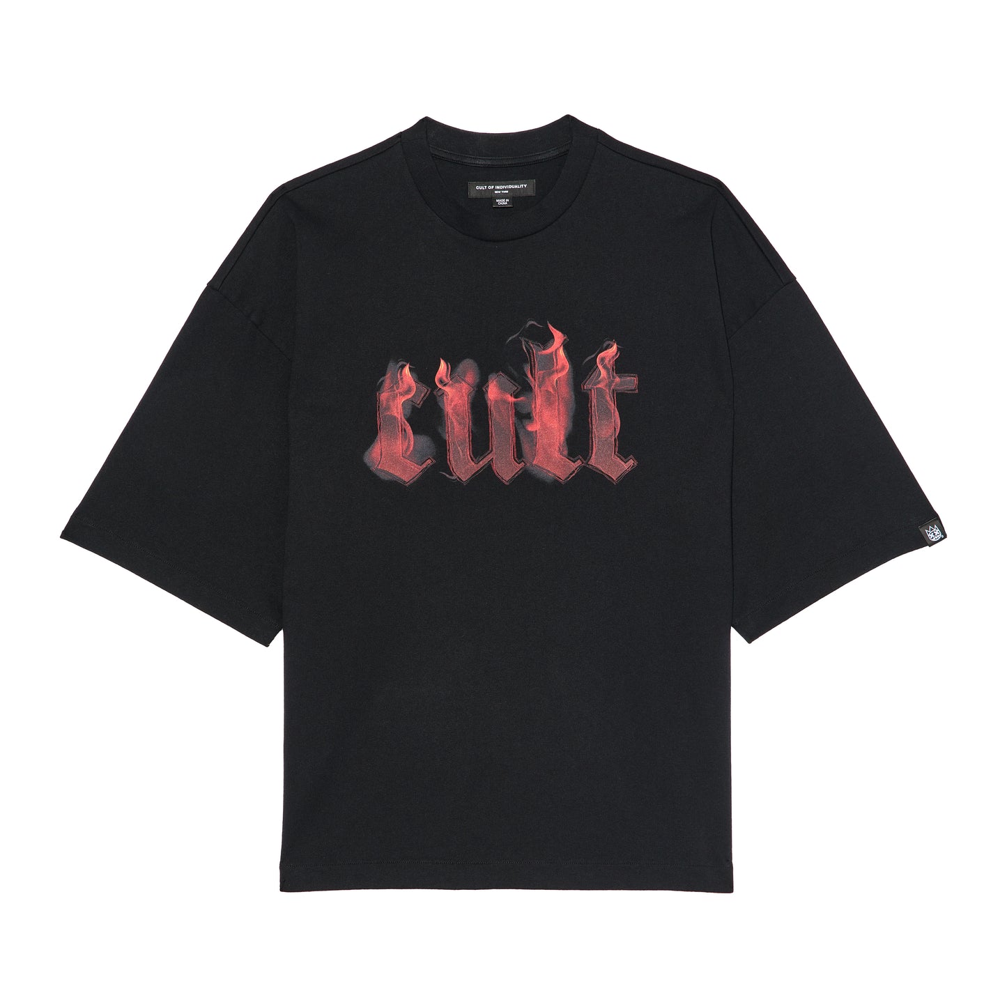 Cult's Oversized Short Sleeve Crew Neck Tee "Flame Logo" in Black