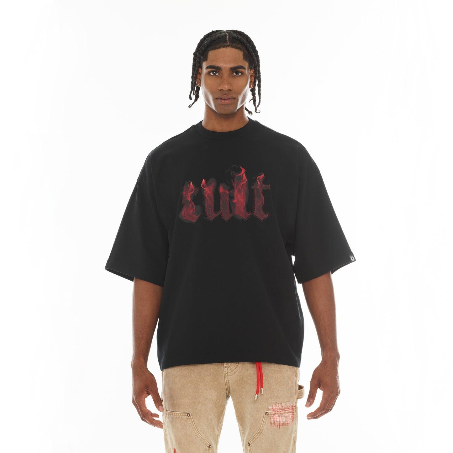 Cult's Oversized Short Sleeve Crew Neck Tee "Flame Logo" in Black