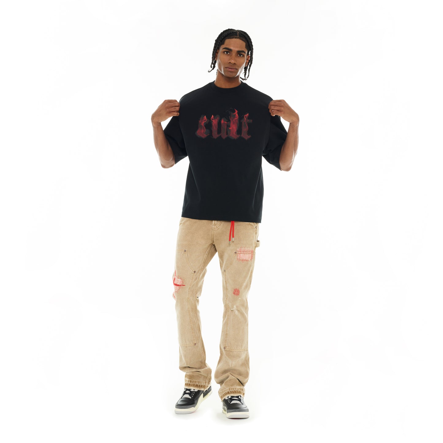 Cult's Oversized Short Sleeve Crew Neck Tee "Flame Logo" in Black