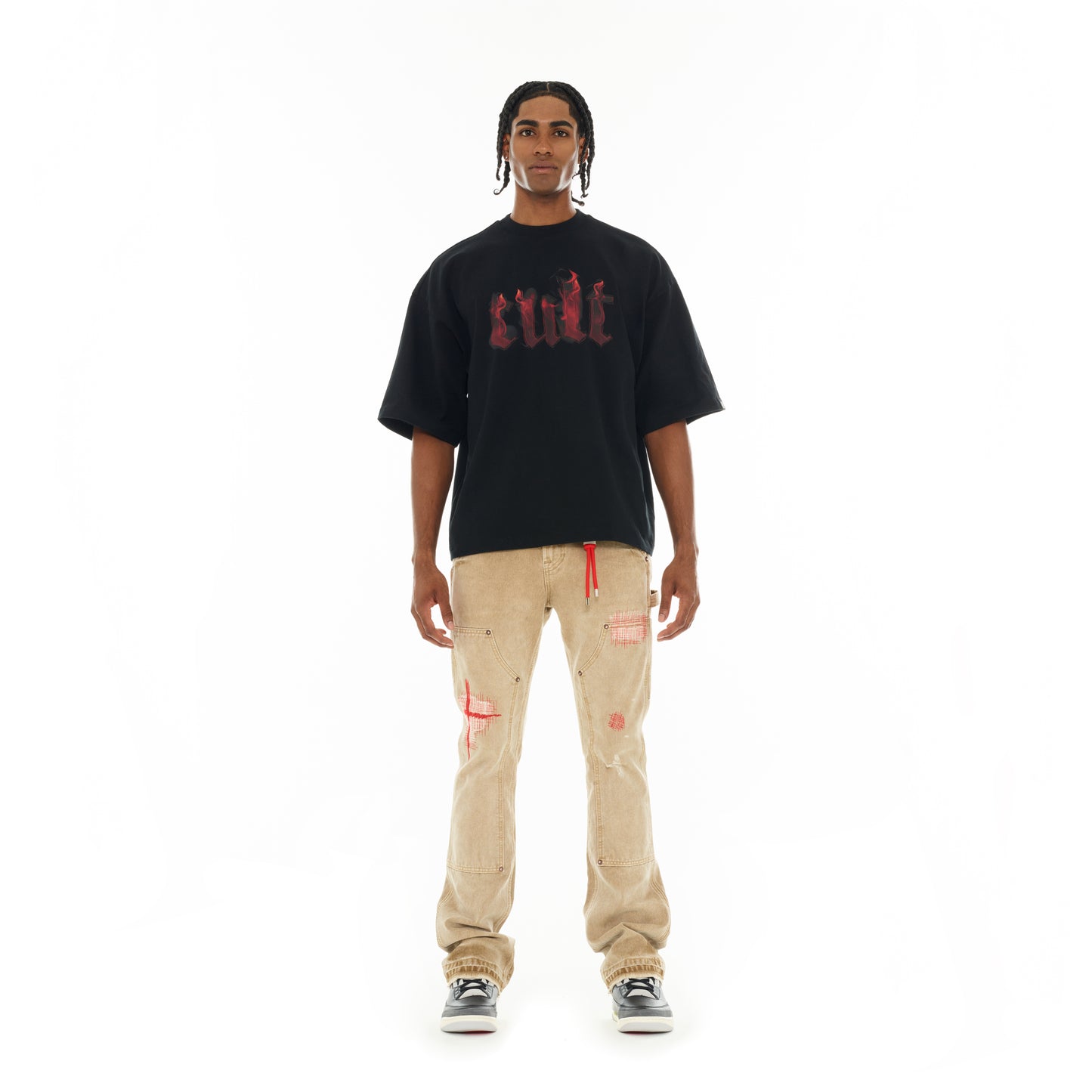 Cult's Oversized Short Sleeve Crew Neck Tee "Flame Logo" in Black